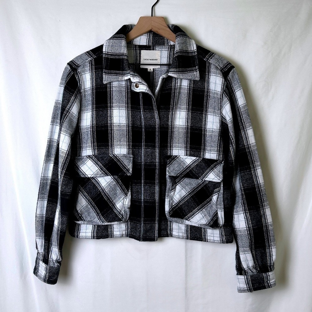 Lucky Brand Womens Plaid Cropped Button Front Shacket Jacket Size M Black White